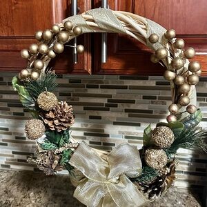 Christmas  Wreath ~ smooth vine with Gold decorations & Ribbon